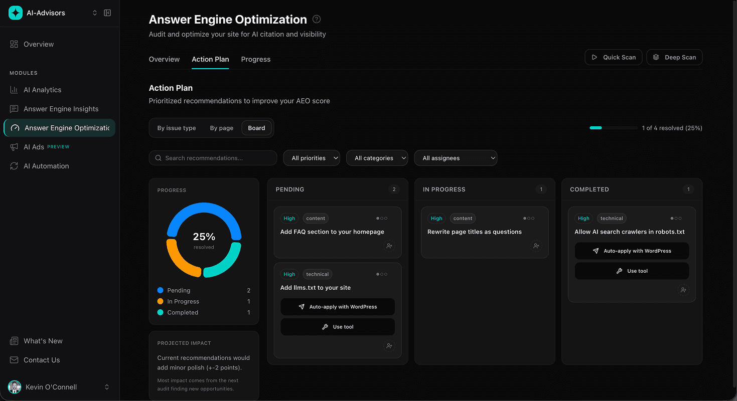 AEO Action Plan tab for Blaze CRM showing prioritized recommendations grouped by issue type with Why / How / Where guidance and a progress bar for completed fixes.