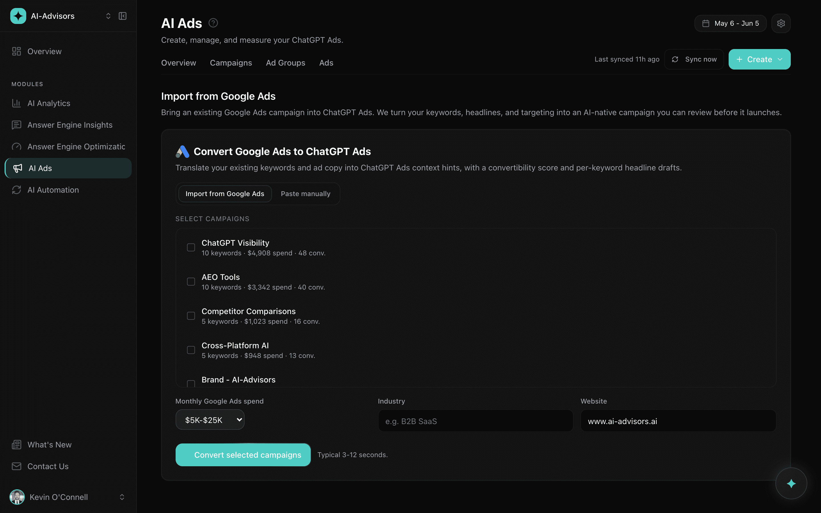 Importing existing Google Ads campaigns to convert into ChatGPT Ads, with keyword counts, spend, and conversions per campaign.