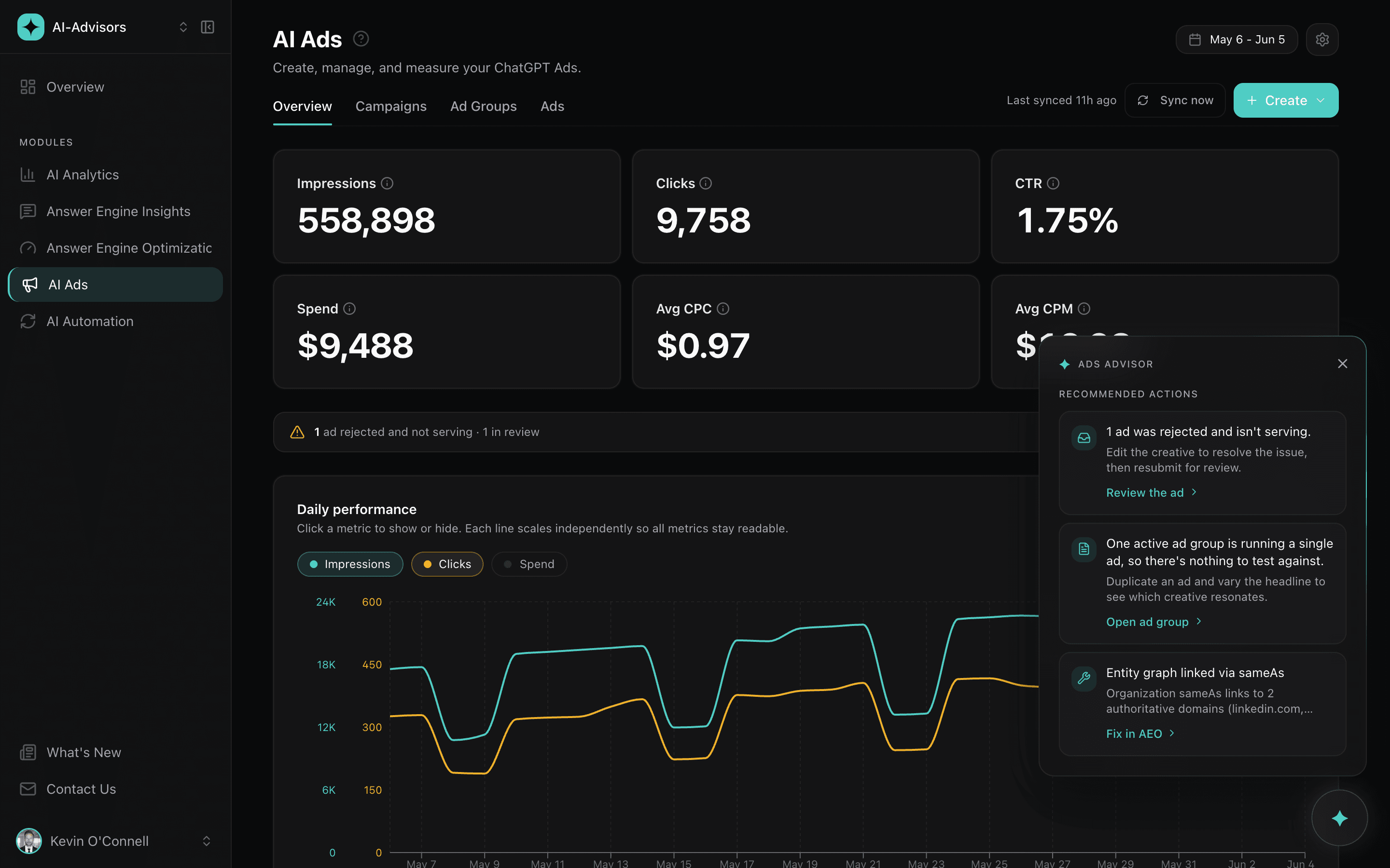 The AI Ads Advisor panel recommending actions: a rejected ad to fix, a single-ad ad group to test against, and a site-readiness scan.